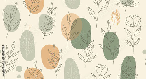 A seamless botanical pattern of delicate line art foliage and flowers overlaying soft, abstract shapes