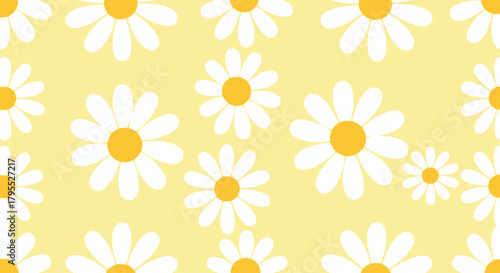 A seamless, cheerful floral pattern of white daisies with yellow centers, scattered on a soft, light-yellow background