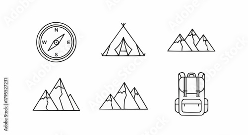 Illustration showing camping icons including compass tent mountains and backpack in black and white style