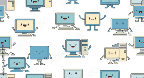 Whimsical pattern of smiling, anthropomorphic desktop computers. Cute, pastel-colored machines with arms, legs, and joyful expressions