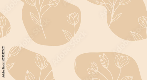 Delicate white floral line art on a warm, muted beige background with abstract, organic shapes. A soft, airy design
