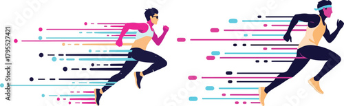 80s Neon Runner Mid-Stride With Retro Motion Lines Flat Illustration
