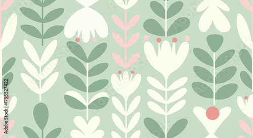 Repeating floral pattern with pastel colors on a soft green background";" stylized leaves, flowers, and berries