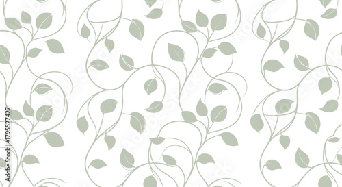 Repeating pattern featuring intertwining tan vines with soft green leaves on a bright white background. Elegant and fresh