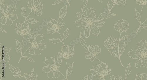 A seamless pattern on a sage green background, featuring delicate, linear illustrations of flowering vines with open blooms