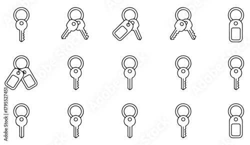 Clean line art icons of key sets, tags, and simple security hardware