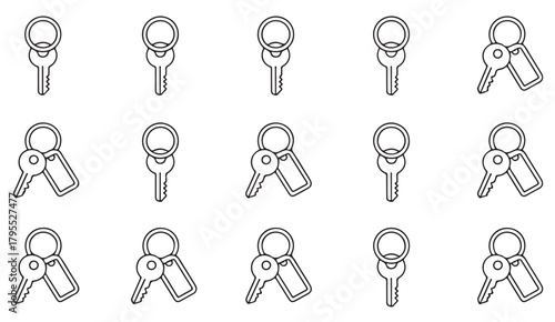 Outline vector icons featuring home keys, lock tags, and access keyrings