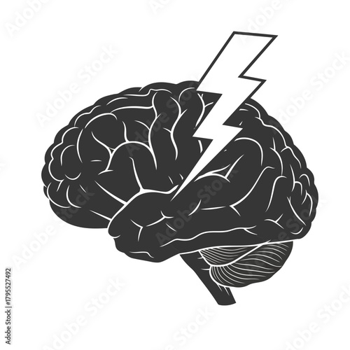 Black silhouette of a human brain with a white lightning bolt striking it