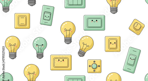 Whimsical pattern of light bulbs and wall switches with cute, smiling faces scattered on a white background