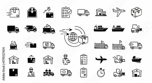 Collection of logistics and shipping icons featuring trucks, planes, ships, and package delivery services