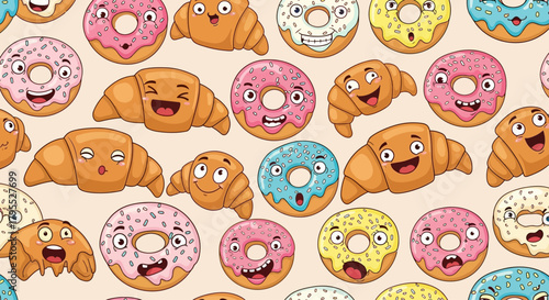 Cartoon pattern of smiling croissants and donuts with colorful frosting. A baked goods frenzy on a light background