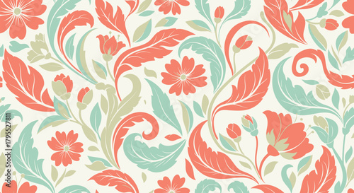 Floral seamless pattern with coral blooms, light green leaves, and delicate buds, set against a cream backdrop