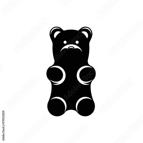 A black silhouette of a gummy bear candy, with white highlights on its round body parts