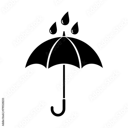 Black silhouette of an umbrella with raindrops falling on it