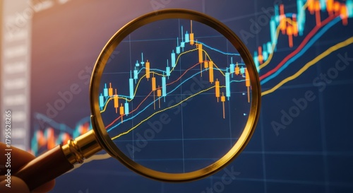 Magnifying glass over a stock market candlestick chart showing financial data and trends on a computer screen
