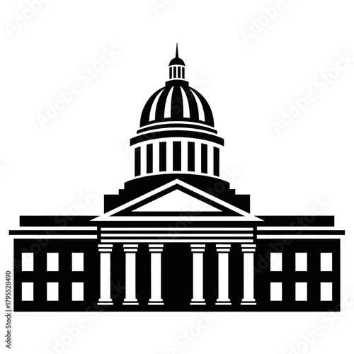 A black silhouette of a government building with a dome and columns, representing law and justice