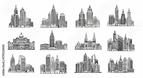 Illustration of twelve different city skylines featuring various architectural styles and building heights