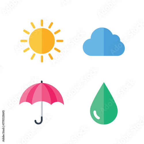 Set of flat weather icons: sun, cloud, umbrella, and water drop Vector, illustration