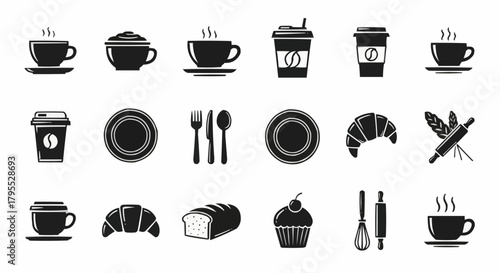 Collection of bakery and cafe related icons including coffee cups croissants and baking utensils design set