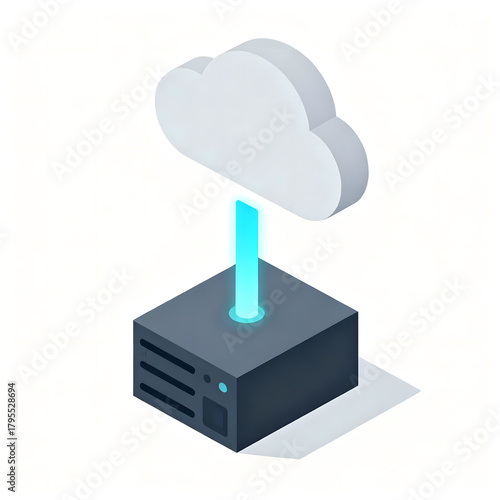 Dark Gray Server Block with Glowing Blue Uplink Beam Connecting to Hovering White Cloud Symbolizing Data Transfer and Cloud Integration