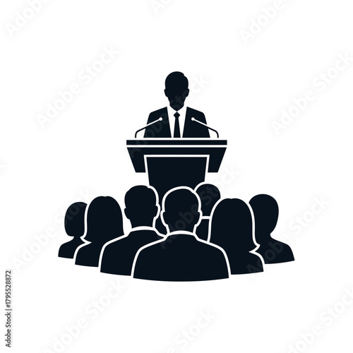 Speaker at podium addressing audience, icon