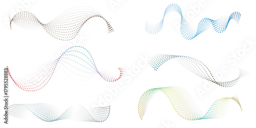 Dynamic Dot Waves Collection Set of Six Abstract Wavy Patterns Formed by Graded Halftone Dots in Diverse Color Palettes, Evoking Flowing Data and Sonic Energy.