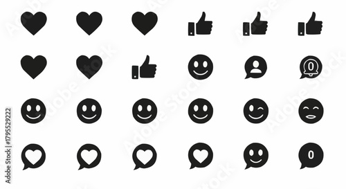 Illustration of social media icons including hearts likes and various smiley face expressions shown