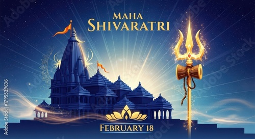 Maha Shivaratri Celebration with Temple and Trident. Ai generation