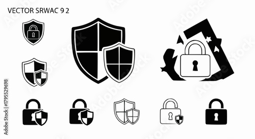 Collection of black and white security icons featuring shields and padlocks in various arrangements and styles