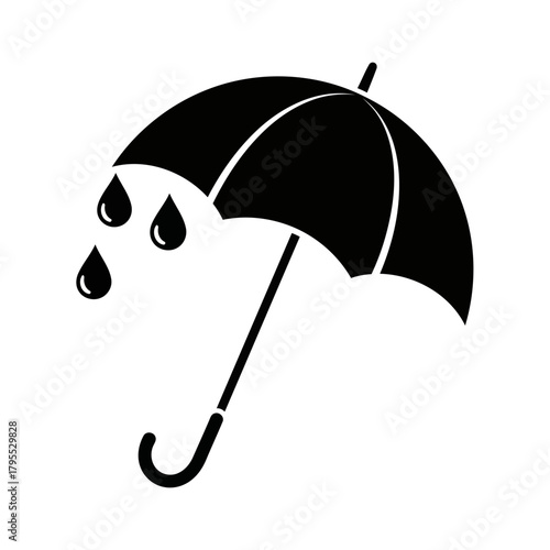 Black silhouette of an umbrella with raindrops falling