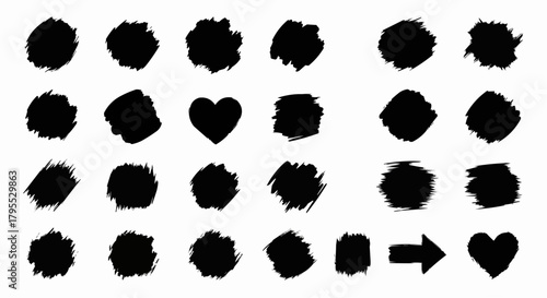 Collection of twenty four black brush strokes and two heart shapes and one arrow on white background