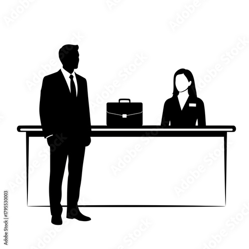Man in suit and woman at reception desk with briefcase