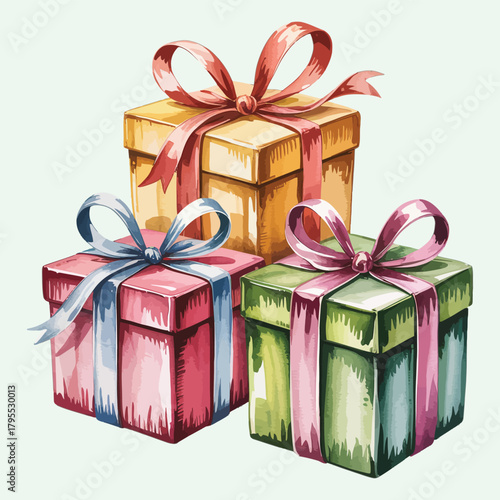 Watercolor illustration of vibrant gift boxes with colorful bows isolated on transparent background, Vector, illustration