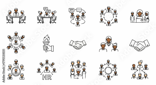 Illustrations depicting business meetings, human resources, teamwork, and leadership concepts in line art