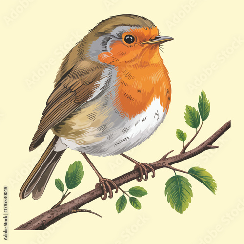 European robin perches on branch with leaves, vector illustration. isolated on transparent background, Vector, illustration