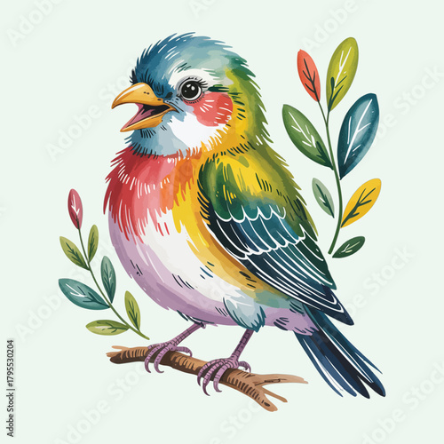 Vibrant watercolor bird on branch chirping, cheerful illustration isolated on transparent background, Vector, illustration