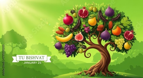 Tu Bishvat Celebration with Fruit Tree Illustration. Ai generation