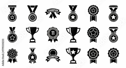 Collection of black and white champion awards including medals trophies and ribbons in vector format