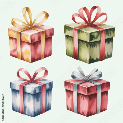Set of colorful watercolor gift boxes with ribbons and bows design isolated on transparent background, Vector, illustration
