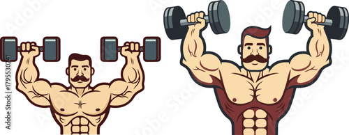 Old-School Gym Bodybuilder Lifting Dumbbells Retro Cartoon Illustration