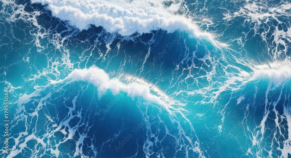 Fototapeta premium An aerial view of powerful ocean waves crashing and swirling with white foam, showcasing the deep blue and turquoise colors of the sea in motion