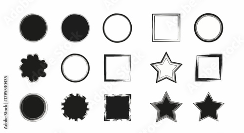 Illustration of various geometric shapes including circles squares and stars with a brush stroke effect