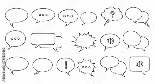 Illustration of various speech bubbles with different shapes and communication symbols shown here now