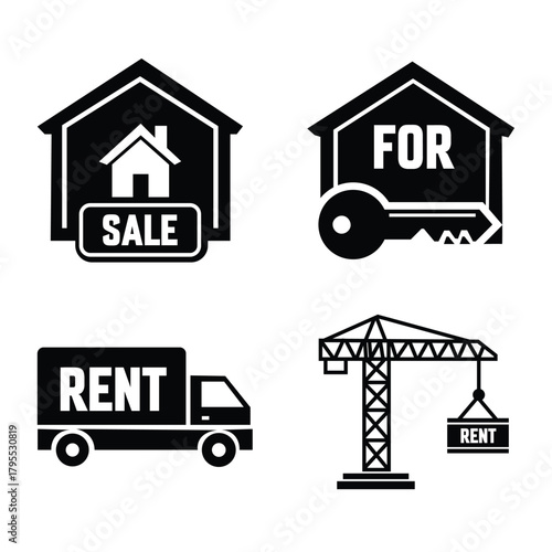 Real estate and property transaction silhouette icons including symbols for house sale, key possession, and rental services