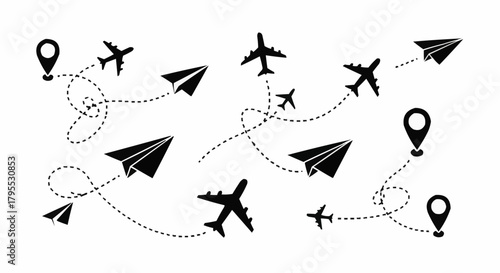 Aviation themed pattern with airplanes paper planes and location pins on dotted paths across white background