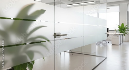 Modern office interior with frosted glass partitions and natural light, creating a bright and professional workspace