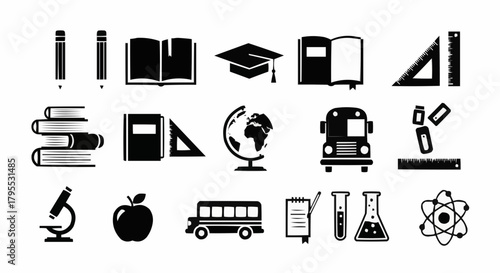 Collection of school supplies and educational icons including books, globe, bus, and science equipment