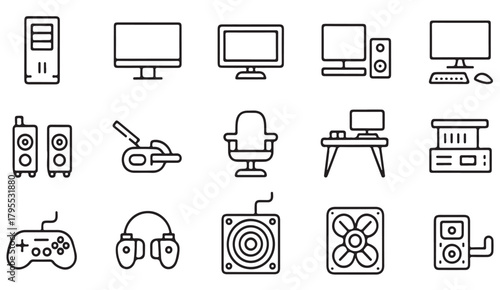 Collection of multimedia and gaming device outline symbols for tech themes