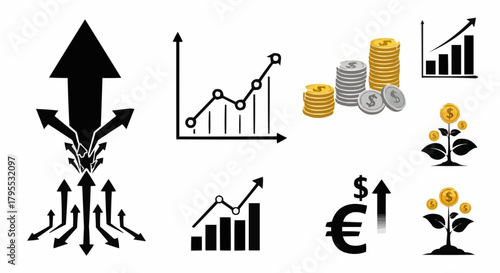 Illustration showing financial growth with charts, currency symbols, coins, and upward pointing arrows