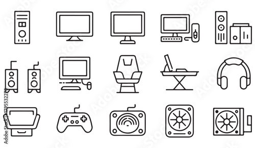 Clean line art icons of home entertainment systems and gaming accessories